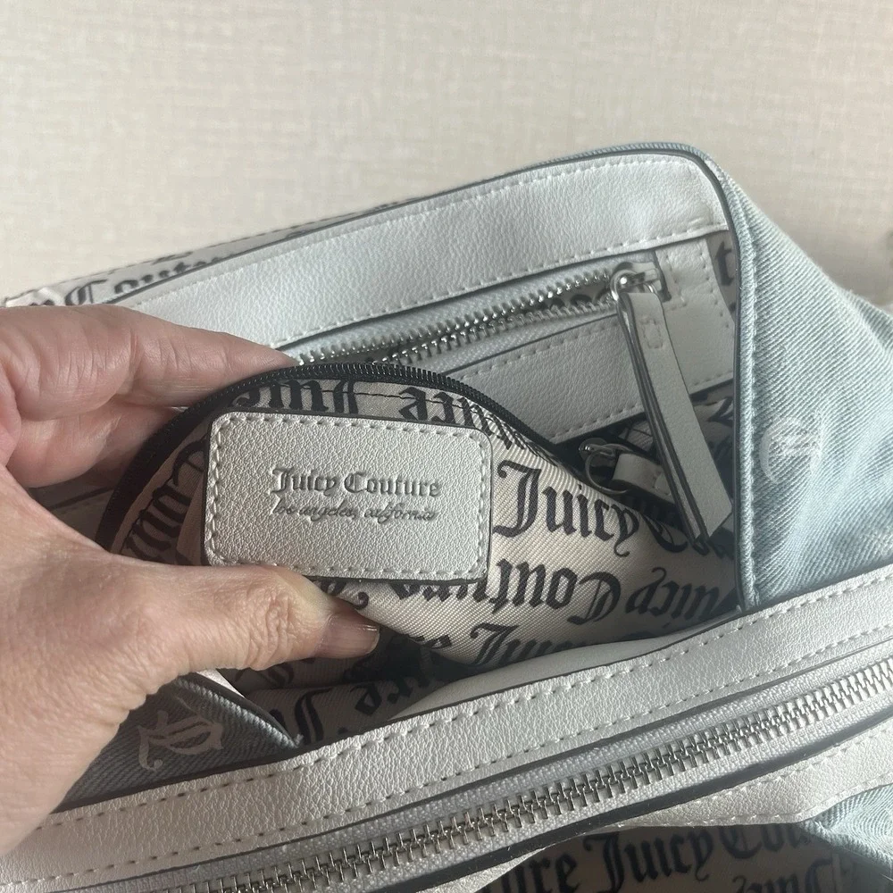 Juicy Couture Denim Monogram Back To Class Backpack RhinestoneLogo WhiteTrim NWT